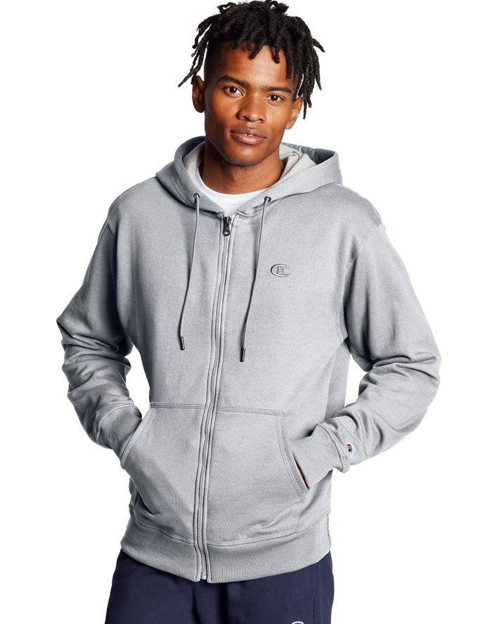 Champion Herre Hættetrøje Grå - Powerblend Fleece Full Zip C Logo - Danmark ASI-594827